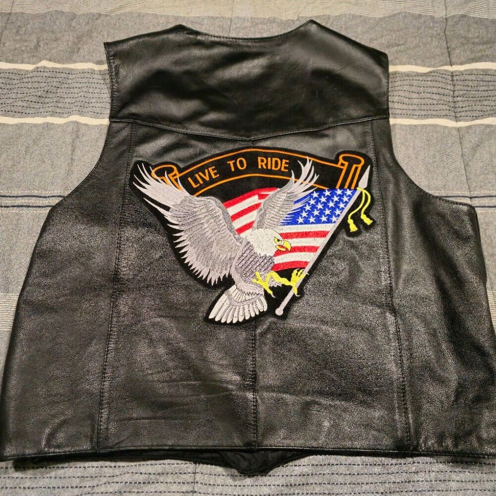 Leather FMC Motorcycle Riding Vest "Live To Ride" Patch sz 54 Black